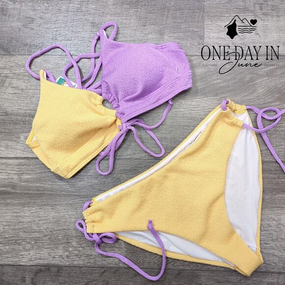 B2Prity Textured Tie Side Tie Back Keyhole Bikini Swimsuit Size M - Picture 2 of 6